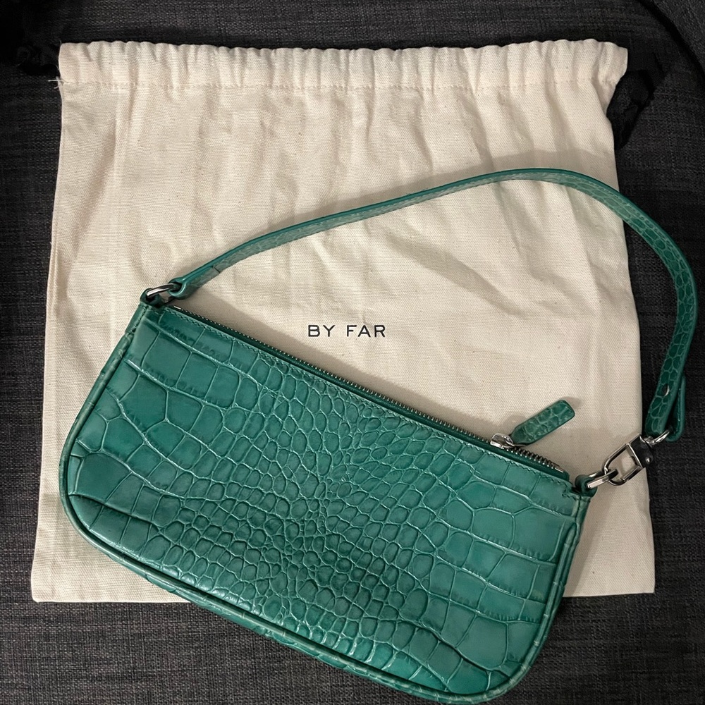 By FAR emerald green croc embellished baguette bag